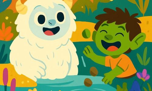 Un yeti dolce e amichevole, di nome Yuko, con un pelliccia bianca e soffice, occhi brillanti e rotondi, sorride con meraviglia. Sta giocando in una palude magica, circondato da creature fantastiche. Accanto a lui, un troll di nome Timo, un ragazzo con capelli arruffati e pelle verde, ride gioiosamente mentre lancia sassolini nell'acqua. La palude è piena di piante colorate, fiori scintillanti e lucciole danzanti, creando un'atmosfera da favola. La scena principale mostra Yuko e Timo che si divertono insieme, ridendo e giocando, mentre una dolce luce dorata illumina il paesaggio incantevole.