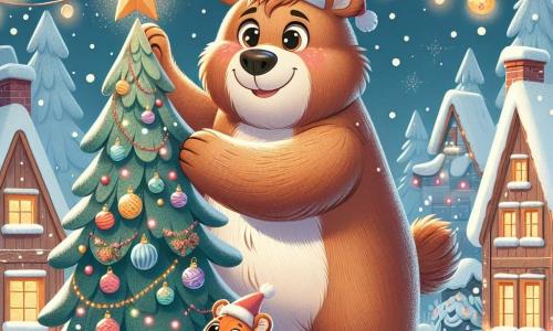 Un gran oso de peluche llamado Berto, con un pelaje marrón y suave, está de pie frente a un hermoso árbol de Navidad decorado con luces brillantes y guirnaldas coloridas. Tiene una gran sonrisa en su rostro, los ojos brillando de alegría, mientras coloca una estrella dorada en la cima del árbol. A su lado, una pequeña ardilla llamada Lila, con pelaje rojizo y ojos vivos, salta de alegría levantando las patas delanteras. Lleva un pequeño gorro de Navidad rojo y parece encantada de compartir este momento mágico con Berto. El decorado es un encantador pueblo nevado, con casas de madera con techos cubiertos de nieve, copos cayendo suavemente del cielo y luces brillantes que iluminan las calles. La escena muestra a Berto y Lila celebrando juntos la magia de la Navidad, rodeados de un paisaje de ensueño, llenos de felicidad y amistad.