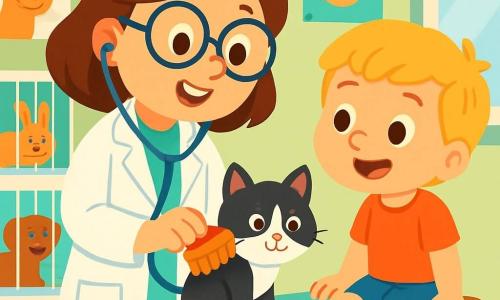 La doctora Ana es una mujer sonriente, con cabello castaño y gafas redondas. Lleva una bata blanca y sostiene un estetoscopio en sus manos, mostrando una expresión de alegría y determinación. A su lado, un niño de 7 años, con cabello rubio y ojos brillantes, observa con curiosidad un gatito blanco y negro que Ana examina. El niño está sentado en un taburete de madera, con las piernas colgando, y sonríe con asombro. La escena se desarrolla en una clínica veterinaria luminosa y acogedora, con paredes pintadas de verde pastel, carteles coloridos de animales y juguetes esparcidos por el suelo. Jaulas transparentes albergan animales felices, y una gran ventana deja entrar la luz del sol. Ana le explica al niño cómo cuidar del gatito, mostrándole cómo cepillarlo suavemente, mientras el gatito, con sus grandes ojos curiosos, parece disfrutar de toda la atención que recibe.