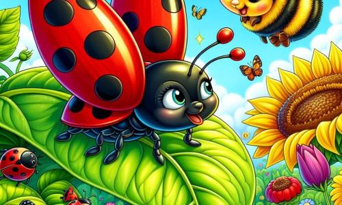 An illustration depicts a small ladybug with bright red wings dotted with black spots, perched on a large green leaf. It spreads its shiny wings, ready to take off, with a determined and joyful expression. Nearby, a bumblebee with yellow and black stripes, eyes sparkling with excitement, buzzes around it, encouraging with a friendly smile. Not far off, a small bunny with big ears and soft fur looks on anxiously yet hopefully, ready to support its friend. The main setting is a vibrant garden filled with colorful flowers, swaying sunflowers, and a clear blue sky dotted with fluffy white clouds. The main scene shows the ladybug taking flight, surrounded by friends, overcoming fear to embrace the joy and color of the garden. Other graphic elements include colorful butterflies flying around, sun rays illuminating the scene, and blooming flowers symbolizing happiness and friendship.