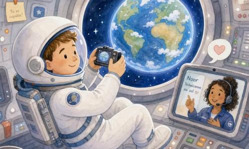 Een kalme, vrolijke mannelijke astronaut in wit, dik ruimtepak met half-open helm maakt door een grote ronde luikfoto van de aarde; hij heeft een lichte huid en kort bruin haar, zweeft licht zittend. Noor, ongeveer 30 jaar en grondtechnicus, verschijnt op een klein scherm bij de console, lacht en spreekt bemoedigend via de radio. Binnenin de capsule is het gezellig met lichtgrijze panelen, kleurrijke knoppen en een groot raam dat een ronde, blauwe en groene aarde met witte wolken toont; de scène is teder en rustig, hij maakt een foto voor thuis, zij moedigt hem aan, zachte lichtval, afgeronde silhouetten, aquareltexturen en witte pennenstreken voor reflecties.