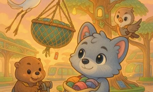 Milo, a chibi anthropomorphic wolf with soft gray fur, large slightly drooping round ears, bright curious eyes and a gentle smile, holds a canvas bag of colorful clothes and looks up with a focused, kind expression; Pip, a chibi sparrow wearing a vest and mini clipboard with slightly open wings and an organized, worried air, perches on a branch of the Drop Tree behind Milo; a stocky chibi beaver worker in a tool apron, proud and focused, fits a stabilizing clamp onto a suspended basket to the left; two long elegant chibi cranes hover nearby with wings spread, one delicately holding a vine net; setting: Cloudloop Plaza, a spiraling pale-stone square with green moss benches, a central Drop Tree of recycled wood with hanging baskets and light panels, trellised hanging gardens and glowing pear trees above, a futuristic tram on magnetic rails in the background; scene: Milo and volunteers calmly secure a large basket tangled in a garden net at sunset, cooperative, reassuring atmosphere with clear details—fabric textures, braided ropes, small colorful tags on baskets and soft reflections on solar panels; graphic style: bright pastel colors, rounded outlines, chibi proportions, luminous childlike rendering, composition centered on Milo and the basket.