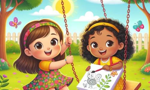 A 3-year-old girl named Lily, with big curious eyes and curly brown hair, joyfully smiles as she pushes a swing in a sunny park. She wears a colorful flower-patterned dress and appears full of energy and enthusiasm. Next to her, Anya, a 4-year-old girl with beautiful curly hair and fair skin, sits on a swing, laughing with happiness. She wears a bright yellow dress and holds a sketchbook in her hands, where she has drawn pretty butterflies. The park is filled with greenery, featuring large trees with shiny leaves, colorful flowers scattered across the green grass, and a bright blue sky dotted with a few white clouds. The scene shows Lily and Anya playing together, symbolizing friendship and tolerance as they discover the joy of sharing their different passions in a cheerful and welcoming setting.