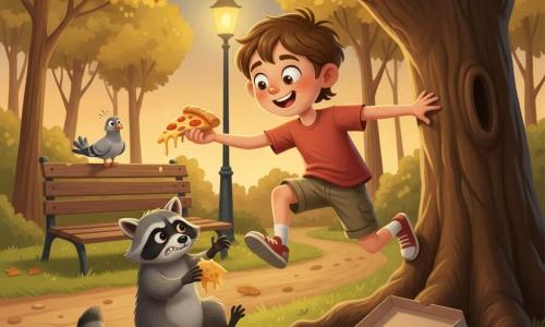 An 8-year-old boy with sparkling eyes and a round face, triumphant and a little mischievous, messy chestnut hair, wearing a faded red t‑shirt and khaki shorts, jumping out of a large oak and kneeling to surprise a raccoon while holding a shiny slice of pizza; a gray-furred raccoon with a distinctive black mask, guilty expression and crumb-covered paws retreats beside an open pizza box on the grass; a small ruffled gray pigeon perches on a bench in the background, looking surprised; small wooded park at dusk with yellow and orange leaves, a dirt path sprinkled with cheese crumbs, a worn wooden bench and a warm lamppost; main scene shows a comic capture, centered composition, golden evening light, saturated but soft colors, long shadows and crisp textures on fur and leaves for child-friendly readability.