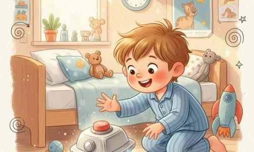 A 4-year-old boy, amazed and smiling with wide eyes, rosy cheeks and tousled light brown hair, wearing blue-striped pajamas, crouches and reaches toward a small shiny silver box-shaped vessel floating just above the floor under his bed; it gleams like polished metal with a large round red button marked TICK and small blinking blue lights and emits a soft glow. The sunny room has a light wooden floor, folded blankets, scattered stuffed animals, a round wall clock showing morning, animal and star posters, and dust motes in the sunbeams. Doodles (arrows, little stars, watches) overlay the scene to suggest time travel. Style: warm, saturated colors, soft rounded lines, watercolor paper textures, clear, child-friendly composition.