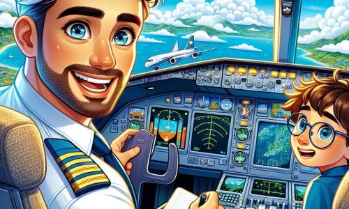 Ein Pilot, Max, sitzt im Cockpit seines Flugzeugs und zeigt ein breites, aufgeregtes Lächeln. Er hat braune Haare, einen gepflegten Bart und trägt eine blaue Pilotenuniform mit goldenen Abzeichen. Seine Augen strahlen vor Leidenschaft, während er durch das Fenster schaut und die baumwollartigen Wolken beobachtet. Neben ihm sitzt sein Co-Pilot Tom, ein 12-jähriger Junge mit zerzausten blonden Haaren und Brille, der fasziniert auf einem kleinen Notizblock mitschreibt. Das Cockpit ist mit bunten, leuchtenden Instrumenten ausgestattet, und die Bildschirme zeigen Karten und Daten. Draußen ist der Himmel strahlend blau, durchzogen von weißen, flauschigen Wolken, und darunter sind grüne Landschaften und glitzernde Seen zu sehen. Die Hauptsituation zeigt Max und Tom im Flug über wunderschöne Landschaften, in einer Atmosphäre von Abenteuer und Entdeckung, während sie ihre Leidenschaft für das Fliegen und die Erkundung des Himmels teilen.