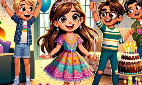 Una niña de 11 años, llamada Sofía, con largos cabellos castaños y ojos brillantes de alegría, está en el centro del escenario, sonriendo. Lleva un vestido colorido con motivos festivos y sostiene globos en las manos, lista para sorprender a su familia. A su lado, su mejor amiga Clara, también de 11 años, con cabello rubio y gafas, ayuda a colgar serpentinas en las paredes, mostrando una expresión de emoción. Tomás, un niño de 12 años, con cabello castaño y una figura atlética, está preparando bocadillos en una mesa, riendo con Miguel, un niño de 11 años, con cabello negro y ojos traviesos, que se prepara para lanzar confeti al aire. La escena tiene lugar en una sala cálida, decorada con guirnaldas luminosas y globos de colores, con una gran mesa en el centro, llena de deliciosas golosinas y una enorme tarta de chocolate. Los muros están adornados con decoraciones brillantes, creando un ambiente festivo y alegre. La situación principal muestra a Sofía y sus amigos preparando una fiesta sorpresa para el Año Nuevo, rodeados de risas y alegría, mientras se esfuerzan por hacer que la casa sea acogedora para recibir a sus padres.