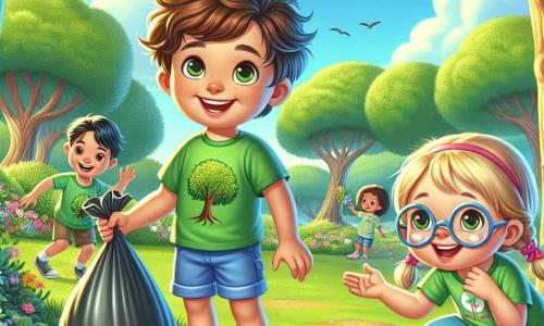 Um menino de 10 anos, Lucas, com cabelos castanhos bagunçados e olhos brilhantes de curiosidade, está no centro da imagem, sorrindo entusiasticamente. Ele usa uma camiseta verde com um desenho de árvore e um short azul, segurando um saco de lixo cheio de resíduos que acabou de coletar no parque. À sua direita, Sofia, uma menina de 9 anos com cabelos loiros trançados e óculos redondos, o incentiva com um grande sorriso, segurando um cartaz colorido que diz "Vamos proteger nosso planeta!". À esquerda, Miguel, um menino de 10 anos com cabelos negros e óculos de sol, se ajoelha para pegar uma garrafa plástica, concentrado em sua tarefa. O local é um parque verdejante, cheio de árvores majestosas, flores coloridas e um céu azul radiante. A cena principal mostra Lucas e seus amigos em ação, participando de uma campanha de limpeza do parque, cercados de risos e entusiasmo, ilustrando a importância de cuidar da natureza juntos.