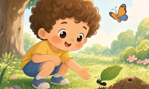 Tomás, menino de 4 anos, sorrindo e maravilhado, cabelos castanho‑claro cacheados, bochechas redondas e olhos grandes, veste camiseta amarela e short azul; agacha‑se e estende a mão para uma pequena formiga preta e brilhante que carrega uma grande folha verde rumo a um montículo de terra em primeiro plano; uma borboleta laranja e azul voa à altura do seu rosto; à esquerda, uma grande árvore frondosa com tronco claro projeta sombra pontilhada; o chão tem relva verde, pequenas flores rosas e brancas e algumas pedras lisas; luz suave de manhã em tons quentes e atmosfera calma, mostrando o momento em que Tomás observa a formiga com admiração, evidenciando sua conexão com a natureza.
