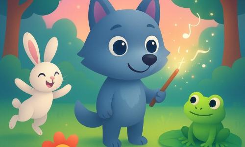 Um pequeno lobo infantil antropomórfico de pelagem cinza-azulada, olhos redondos e brilhantes e sorriso segura uma varinha de madeira cintilante; curioso e maravilhado, está no centro girando a varinha; ao lado, sobre uma folha de vitória-régia, um sapo caricatural verde‑vivo com grandes olhos amigáveis e expressão cautelosa mas benevolente levanta uma pata como a avisar; à esquerda, um coelho branco e fofo de orelhas cor-de-rosa salta dançando; no primeiro plano, flores antropomórficas coloridas (vermelhas, amarelas, roxas) sorriem e balançam as hastes; clareira de floresta encantada com relva macia verde-claro, cogumelos vermelhos com pintas brancas, troncos arredondados e céu em degradê rosa-azul com faíscas mágicas no ar; a varinha cria notas musicais cintilantes e pequenos turbilhões de luz que fazem o coelho dançar e as flores cantar, atmosfera alegre e segura.