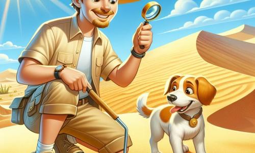 Ein Archäologe namens Amir steht in einer weiten Düne aus goldenem Sand, mit einem großen Lächeln der Aufregung im Gesicht. Er trägt einen Strohhut, ein beiges kurzärmliges Hemd und khakifarbene Shorts. In seiner Hand hält er eine kleine Schaufel und eine Lupe, während er den sandigen Boden aufmerksam untersucht. Neben ihm steht sein treuer Hund Chiko, ein kleiner Hund mit braunem und weißem Fell, der begeistert mit dem Schwanz wedelt und bereit ist, ihm bei seiner Suche zu helfen. Die Szene spielt in einer großen Wüstenlandschaft, wo die Sonne intensiv am klarblauen Himmel scheint und sich die Sanddünen bis zum Horizont erstrecken. Alte Fußspuren sind im Sand sichtbar, die auf die Anwesenheit einer vergessenen Zivilisation hindeuten. Amir kratzt mit seinem Pinsel den Boden ab, in der Hoffnung, einen versteckten Schatz der alten Perser zu entdecken.