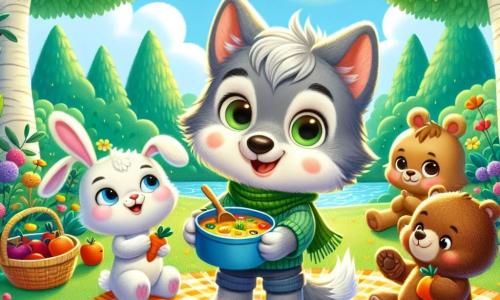 Um pequeno lobo chamado Léo, com pelagem cinza suave e olhos brilhantes de curiosidade, está no centro da cena, sorrindo entusiasticamente enquanto segura uma pequena panela de sopa. À sua direita, uma coelhinha chamada Mila, com pelagem branca e grandes orelhas, olha para Léo com admiração, segurando uma cenoura laranja. À esquerda, um ursinho chamado Hugo, com pelagem marrom e espinhos nas costas, sorri ao provar a sopa, sentado em uma toalha de piquenique colorida, cercado de frutas. O cenário é uma clareira ensolarada, rodeada de árvores verdes e flores coloridas. A cena principal mostra Léo e seus amigos reunidos em um piquenique alegre, compartilhando pratos e rindo juntos, celebrando a diversidade de seus gostos e origens.