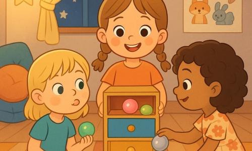 Sunt trei fete de 6 ani: Ana, cu părul șaten des în două codite, ochi căprui, zâmbitoare, ține o cutie mare cu trei sertare colorate; Lina, blondă bob, ochi albaștri, face o grimă amuzantă imitând un papagal și ține o bilă verde imaginară, așezată stânga de Ana; Măriuca, brunetă și crețoasă, poartă o rochie cu flori, desenează în aer cu un creion luminos și este aplecată spre cutie ca să pună o bilă argintie; ele sortează „gânduri” imaginare sub formă de bile strălucitoare (roz, verde, portocaliu, albastru, argintiu) și le depozitează în sertarele roșu, albastru și galben; încăpere călduroasă cu podea din lemn deschis, covor cu dungi, lampă joasă care proiectează umbre moi în formă de urs și lună pe perete, poster cu animale și fereastră cu lună rotundă; atmosferă nocturnă blândă, culori calde și pastel, expresii vesele și tandre, stil clar cu contururi nette și texturi de țesătură vizibile pe perne.