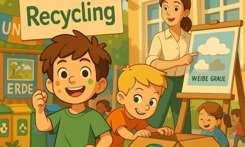 Ein fröhlicher, entschlossener 6-jähriger Junge mit zerzausten braunen Haaren und Farbflecken im Gesicht trägt ein grünes T-Shirt und Jeansshorts, hält ein Schild «Recyclage» und zeigt stolz sortierte Kartons; neben ihm Tom, etwa 6, mit kurzem blondem Haar und schelmischem Lächeln, schiebt ein dekoriertes Kartonauto; dahinter eine circa 30-jährige Lehrerin mit zusammengebundenen kastanienbraunen Haaren und heller Bluse, die an einem Stand mit großem Poster über weiße und graue Wolken erklärt; sonniger Schulhof mit großem Platane, bunten Girlanden, bemalten Holzständen, Bannern «Unsere Erde», pädagogischen Postern zu Wolken und Mülltrennung sowie gut sichtbaren grünen, gelben und blauen Recyclingbehältern; belebter Klimamarkt mit Kindern beim Mülltrennen, fröhlicher, farbenfroher Atmosphäre und Fokus auf den Jungen mit dem Schild.