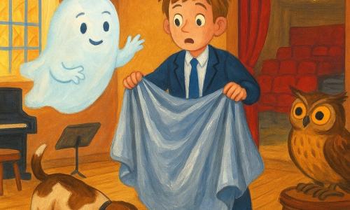 Ein kleiner Geist namens Willi, milchig-weiß mit blassblauen Schimmern, rundlich und leicht durchsichtig, lächelt konzentriert, schwebt leicht über dem Boden mit erhobenen Armen Richtung eines silbernen Vorhangs; Paula, eine braun-golden gefiederte Eule mit großen bernsteinfarbenen Augen, sitzt am Innenfensterbrett, neigt den Kopf neugierig; Bello, mittelgroßer braun-weiß gefleckter Hund mit wedelnder Rute, steht links neben Willi und schnüffelt am Boden; Tim, ein 9-jähriger Junge in dunkelblauer Schuluniform mit zerzaustem hellbraunem Haar, steht in der Mitte und hält verknitterten silbernen Vorhang, überrascht und verlegen. Szene: Musikraum neben dem Auditorium mit glänzendem Holzboden, verstreuten Notenpulten, Klavier, Stühlen und einer halb geöffneten Bühnentür, durch die rote Stuhlreihen und Girlanden sichtbar sind; warme Lichtstimmung durch buntes Glasfenster, kleine blaue Radiergummispuren führen zum Vorhang. Stil: strukturierte Gouache, lebendige aber sanfte Farben, leicht unscharfe Konturen, warme spielerische Atmosphäre, Komposition zentriert auf dem Austausch der Figuren.