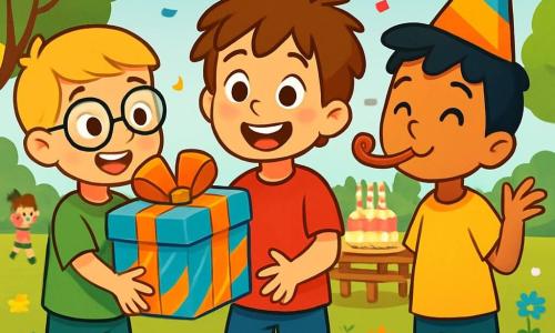Er zijn 3 personages: - Lars: een 8-jarig jongetje met rommelig bruin haar, gekleed in een rood t-shirt en een blauwe short. Hij staat in het midden van de afbeelding, glimlachend met sprankelende ogen van vreugde. - Sam: een 8-jarig jongetje met blond haar en ronde bril, gekleed in een groen t-shirt en korte broek. Hij staat links van Lars en houdt een grote doos met kleurrijke cadeaus vast. - Jens: een 8-jarig jongetje met zwart haar en een kleurrijke feesthoed, gekleed in een geel t-shirt. Hij staat rechts van Lars en blaast in een feesttoeter met een grote glimlach. De locatie is een zonnig park, vol met kleurrijke bloemen en groene bomen. Op de achtergrond staat een grote tafel versierd met kleurrijke ballonnen en een prachtige verjaardagstaart met brandende kaarsen. Kinderen spelen eromheen en de sfeer is vrolijk en feestelijk. De belangrijkste situatie toont Lars, omringd door zijn vrienden, die de verrassing van zijn verjaardag ontdekt. Ze lachen en hebben plezier, met confetti die door de lucht vliegt, terwijl Lars verwonderd naar de tafel vol cadeaus en lekkernijen kijkt.