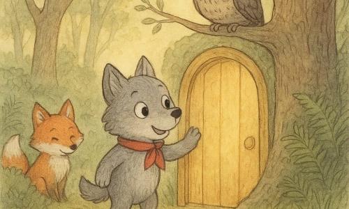 Un pequeño lobo gris, expresivo y curioso, con ojos redondos y una bufanda roja, toca suavemente una puerta dorada y sonríe; un viejo búho marrón y gris con gafas redondas y un sombrerito, posado en una rama sobre la puerta, lo observa con benevolencia; un tímido zorro rojizo está junto a un arbusto a la izquierda, aliviado porque el lobo le ayudará; en primer plano una calma ribera con guijarros y hierbas altas, al fondo un bosque denso de árboles nudosos y helechos, y la puerta dorada se abre a otra era con luz suave y nubes vaporosas creando una atmósfera segura y llena de descubrimiento.