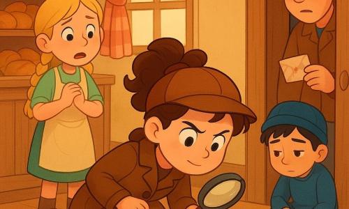 La protagonista es una niña detective de unos 10 años, rostro redondo, cabello castaño rizado en coleta alta, ojos curiosos y ceño fruncido, expresión decidida y amable; sostiene una lupa brillante en la mano derecha y se inclina junto al mostrador de una pastelería. Marta, niña de unos 10 años, entusiasta y preocupada, cabello rubio en trenza y delantal beige, está a la izquierda mirando hacia una puerta cerrada con las manos apretadas. Julián, niño de unos 9 años, tímido y culpable, cabello negro bajo un gorrito azul, juega con una canica en el suelo sentado cerca de una vitrina con la mirada baja. Manuel, hombre de unos 30 años que hace recados, rostro enrojecido y avergonzado, chaqueta marrón arrugada, sostiene un sobre pequeño manchado de harina y está detrás de la puerta entreabierta a la derecha con la mirada esquiva. Interior cálido de una pequeña pastelería de pueblo: mostrador de madera clara con migas, estantes con tartas y panes dorados, ventana con cortina de cuadros rojos y rayos de sol iluminando la harina en el suelo. La detective encuentra pistas —una canica brillante y un dibujo colorido— junto al mostrador cerrado; ambiente de investigación amistosa, tensión leve, colores cálidos y formas redondeadas para una imagen suave y reconfortante.