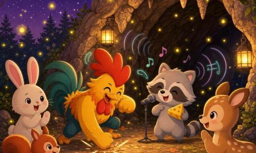 Un gallo alegre y enérgico con cresta roja y plumaje amarillo-naranja que rapea golpeando el pico y el suelo; un pequeño mapache llamado Pancho, gris, con bigotes finos y sonrisa confiada, sosteniendo un trozo de queso y cantando junto al gallo; espectadores: un conejo blanco de grandes orejas aplaudiendo, una ardilla rojiza con una nuez y un cervatillo beige con manchas mirando maravillado; escena en la entrada de una cueva rocosa con estalactitas redondeadas y suelo cubierto de hojas; noche dulce con cielo violeta, estrellas y cientos de luciérnagas amarillas flotando como lámparas; luz cálida y contrastada que ilumina los rostros sonrientes; mini-concierto alegre con ecos visibles como ondas sonoras translúcidas rebotando en las paredes; estilo kawaii minimalista, formas simples, contornos nítidos, colores saturados y texturas suaves.