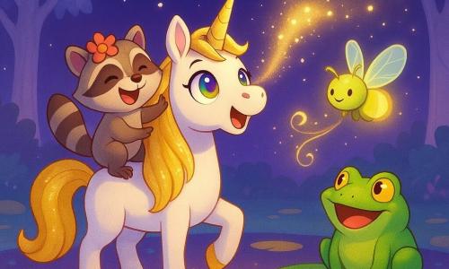 Brillina, una joven unicornio hembra de pelaje blanco nacarado y larga crin dorada brillante, de pie en el centro de un claro nocturno, levanta la cabeza y sopla polvo de estrellas; en su cuello está Pipililo, un pequeño mapache/ratón macho con finos bigotes y sombrero de flor, riendo y agitando una pata como director; cerca, una enorme rana hembra de piel verde brillante y ojos dorados canta desde un nenúfar, mientras una vieja luciérnaga macho de cuerpo amarillo verdoso y alas translúcidas flota dejando estelas luminosas; el claro redondo, bordeado de árboles de troncos plateados y hojas cristalinas, con nenúfares dorados, piedras luna resplandecientes y cielo violeta estrellado, acoge un concierto nocturno festivo de sonidos y luces, atmósfera cálida y féerica.