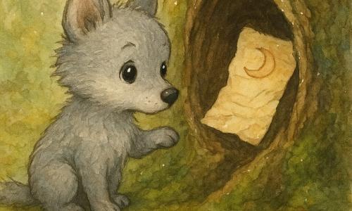 Un pequeño lobo gris claro de pelaje esponjoso, orejas grandes y redondas y ojos negros brillantes, curioso y algo tímido, olfatea con una pata levantada frente a un tronco hueco donde una carta enrollada —papel amarillo pálido arrugado con líneas marrones, esquinas gastadas y una pequeña luna dibujada— se abre apenas como si susurrara; el escenario es un bosque musgoso con suelo de musgo verde, hojas canela y troncos húmedos cubiertos de líquenes, luz suave entre ramas finas; el lobo descubre la carta oculta con expresión medio sorprendido, medio decidido, en una escena íntima y cálida con detalles táctiles y delicados reflejos blancos.