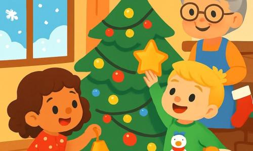 There are 3 characters: Mia, a 4-year-old girl with curly brown hair wearing a red dress with white polka dots, crouching by a Christmas tree holding a shiny little bell; Ben, a 4-year-old boy with short blonde hair in a green sweater featuring a snowman, standing next to Mia holding a golden star at arm's length; and Nana, a kind grandmother with gray hair in a bun wearing a blue apron, smiling by the tree while holding a plate of cookies. The setting is a cozy room decorated for Christmas, featuring a large green tree adorned with colorful lights and sparkling ornaments. Snowflakes gently fall outside through a window, creating a magical atmosphere. The floor is covered with a plush rug, and Christmas stockings are hung by the fireplace. The main scene shows Mia and Ben having fun decorating the tree, with Mia hanging the bell on a low branch while Ben reaches for the top with the star, both laughing and smiling, surrounded by the warm glow of Christmas lights.