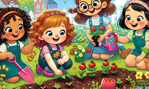 In un giardino in piena fioritura, cinque ragazze felici, di età compresa tra i 7 e i 9 anni, si dedicano a piantare semi. Sofia, una bambina dai capelli castani e ricci, sorride ampiamente tenendo una pala rosa, al centro del giardino. Alla sua destra, Emma, con i capelli biondi intrecciati e occhiali rotondi, guarda con meraviglia le piccole foglie che iniziano a spuntare. A sinistra, Sara, una ragazza dai capelli castani e lisci, si accovaccia per mettere semi di pomodoro nel terreno, concentrata. Mia, una bambina dai capelli neri e corti, si trova leggermente indietro, con le braccia cariche di semi, pronta ad aiutare le sue amiche. Infine, sullo sfondo, un po' più lontano, c'è Clara, una ragazza dai capelli rossi e ricci, che annaffia le piante con un annaffiatoio colorato. Il giardino è pieno di fiori vivaci, tulipani rossi e narcisi gialli, mentre il cielo è di un blu splendente punteggiato di nuvole bianche e soffici. Le ragazze ridono e si incoraggiano a vicenda, creando un momento magico di cameratismo e gioia mentre piantano insieme il loro giardino primaverile.