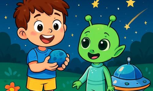 A 6-year-old boy named Leo, with messy brown hair and sparkling curious eyes, stands at the center of the scene, smiling in wonder. He wears a blue t-shirt and yellow shorts, holding a small blue meteorite in his hands, his cheeks flushed with excitement. Next to him is a little alien named Zoola, the same size as Leo, with shiny green skin and large gentle eyes, smiling joyfully. She wears a sparkling silver jumpsuit and stands near a small flying saucer that glimmers under the stars. The setting is a vast green clearing dotted with colorful flowers, illuminated by twinkling stars in the night sky. Soft glowing meteors gently fall from the sky, creating a magical atmosphere. The main scene shows Leo and Zoola picking up bright meteors falling around them, with expressions of joy and camaraderie as they prepare to help the plants and animals on Zoola's planet.