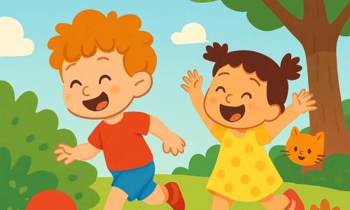 Ci sono due personaggi principali: Leo, un ragazzo di 5 anni con capelli ricci e disordinati, che indossa una maglietta rossa e pantaloni blu, sta correndo felicemente verso una palla rossa che rotola; e Nina, una ragazza di 5 anni con due piccole trecce, che indossa un vestito giallo a pois e sandali rosa, corre dietro a Leo, ridendo e alzando le braccia. La scena si svolge in un giardino soleggiato, pieno di fiori colorati, erba verde e un grande albero con foglie dense. In lontananza si vede un cielo blu chiaro con alcune nuvole bianche e soffici. Leo e Nina giocano insieme, ridendo mentre cercano di prendere la palla rossa che rotola sotto un cespuglio, con volti pieni di gioia ed eccitazione, mentre un piccolo gatto curioso li osserva dall'ombra dell'albero.