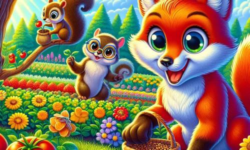 Un giovane volpe dal pelo rosso brillante, con grandi occhi luccicanti di curiosità e un sorriso gioioso, si trova al centro di un giardino in piena fioritura, mentre pianta semi di fiori. Accanto a lui, uno scoiattolo piccolo con pelo marrone e occhi scintillanti di eccitazione, si arrampica su un ramo basso, tenendo un cestino pieno di semi, guardando Rocco con un'espressione entusiasta. Sullo sfondo, un vecchio gufo saggio, con piume grigie e occhiali rotondi, osserva la scena con un sorriso benevolo, seduto su un ramo. Il giardino è vibrante di colori, con file di pomodori rossi, carote arancioni e fiori gialli e viola che danzano sotto la leggera brezza, mentre un cielo blu brillante si estende sopra, punteggiato da alcune nuvole bianche e soffici. La scena principale mostra Rocco e i suoi amici che lavorano insieme con gioia per far fiorire il loro giardino comunitario, pieni di entusiasmo e amicizia.