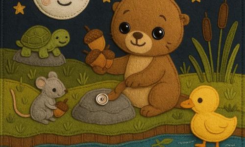 Baby otter, curious and serene, soft brown felt fur, large shiny button eyes, holding five sewn acorns and gently placing a small silver button on a flat rock; a smiling Moon sewn from silver fabric floats in the dark sky casting soft light; a wide silver-blue fabric river like a ribbon with tiny leaf-strings as boats flows in the foreground; a yellow wool duck gratefully receives two acorns at the water’s edge to the right of the otter; a small shy grey felt mouse holds an acorn beside the rock; an old moss-green fabric turtle sits on a stitched stone behind, watching; the grassy bank is a green patchwork with embroidered stones, ribbon reeds and a velvet night sky dotted with sewn stars; main scene: the otter gently shares its acorns and places one button on the rock under Moonlight, all rendered in stitched textures and visible seams.