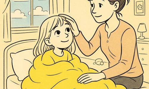 Een 8-jarig meisje, Lotte, zit op haar bed gewikkeld in een felgele deken die op een zachte wolk lijkt. Ze heeft een zacht en dromerig gezicht, met grote nieuwsgierige ogen en een lichte glimlach. Naast haar zit haar moeder, een vrouw van ongeveer 35 jaar, op de rand van het bed, met haar hand liefdevol op Lotte's voorhoofd. Ze heeft bruin haar in een rommelige knot en een vriendelijke blik. De kamer is licht en uitnodigend, met pastelkleuren op de muren en verspreid liggend speelgoed. Door het raam is een blauwe lucht te zien met witte, wollige wolken. De situatie toont vooral hoe Lotte zich getroost voelt door de aanwezigheid van haar moeder, onder haar magische deken, in een warme en rustgevende sfeer.