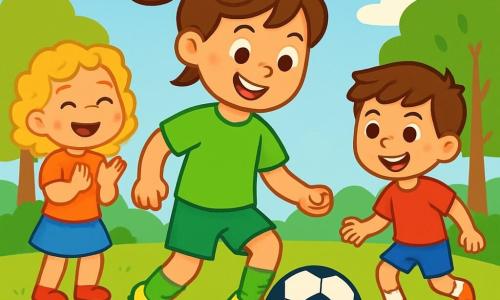 Maria, o fetiță zâmbitoare de aproximativ 10 ani, poartă un trening verde aprins și ghete de fotbal strălucitoare. Este plină de energie, cu părul brun prins în coadă de cal, și driblează vesel o minge mare de fotbal pe teren. Lângă ea, Daria, o fetiță de 9 ani cu părul blond creț, aplaudă cu entuziasm, cu ochii strălucind de bucurie. Luca, un băiat de 8 ani cu părul castaniu, se pregătește să șuteze mingea, concentrat și hotărât, cu un zâmbet mare pe față. Terenul este verde, înconjurat de copaci cu frunze strălucitoare, sub un cer albastru deschis presărat cu nori albi pufoși. Flori colorate marginesc terenul, adăugând o notă de magie mediului. Scena reprezintă un moment de joacă vesel în care Maria le arată prietenilor săi cum să dribleze și să paseze mingea, plini de excitație și camaraderie, râzând și distrându-se împreună sub soarele strălucitor.