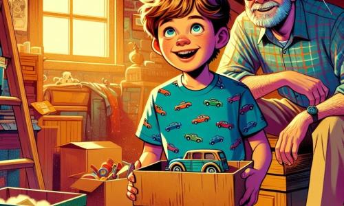 A 10-year-old boy with messy brown hair and sparkling curious eyes stands in a dusty attic. He wears a blue t-shirt with car patterns and denim shorts. His face shows excitement and wonder as he discovers an old cardboard box. Next to him, a man around 40, with a light beard and glasses, looks fondly at his son rummaging through the attic. He wears a plaid shirt and beige pants, appearing amused by his child's discovery. The attic is filled with old toys, yellowed books, and cobwebs, with soft light filtering through a small window. Boxes are stacked, and childhood memories are scattered around. The boy, eyes shining with excitement, holds a wooden car, a radiant smile on his face as he imagines his father's past adventures.