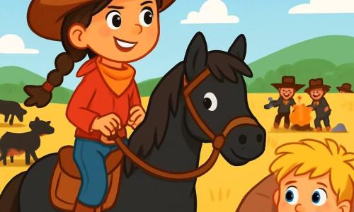 Ein junges Cowgirl namens Mia, etwa 10 Jahre alt, sitzt auf ihrem schwarzen Pferd Blitz. Sie hat lange geflochtene braune Haare, einen großen Cowboyhut und ein entschlossenes Lächeln im Gesicht. Ihre Augen funkeln vor Aufregung und Mut, während sie die Banditen in der Ferne beobachtet. In der Nähe steht ein 12-jähriger Junge namens Tom hinter einem Felsen, mit weit aufgerissenen Augen, besorgt aber neugierig. Er hat zerzauste blonde Haare und trägt ein kariertes Hemd. Die Szenerie ist eine weite goldene Wiese unter einem strahlend blauen Himmel, mit grünen Hügeln am Horizont. Weiße Wolken treiben sanft, und die Sonne scheint warm und erhellt die Szene. Die Hauptsituation zeigt Mia, die ihren mutigen Plan vorbereitet, um die gestohlenen Tiere zurückzuholen, während die Banditen ahnungslos um ein Lagerfeuer lachen.