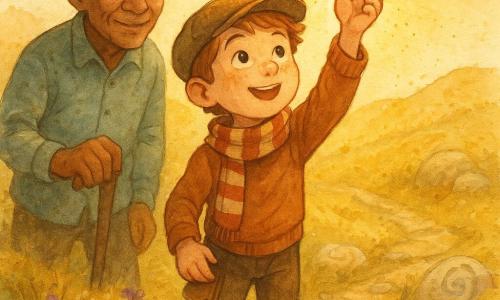 Milo is a ~10-year-old boy with a round freckled face and gentle, amazed eyes, holding a silver ring set with honey-bright amber; he wears a soft small hat, a striped scarf, a worn notebook at his belt, stands on a sunlit stone with arms raised to show the ring to the light. Toma is about 65, weathered skin, short gray hair and a calm smile, standing slightly back to Milo’s left, leaning on a wooden cane and watching the ring approvingly. They are on a sunny late-afternoon south-facing slope with short golden grass, pale rocks carved with spirals, small purple flowers and a dark-stone path; low sunlight casts long shadows and a warm halo around the amber. Main scene: Milo has just found the Sunring in a stone niche and presents it to Toma — serene, joyful mood, warm colors, grainy textures and watercolor splashes suggesting golden dust and softness.