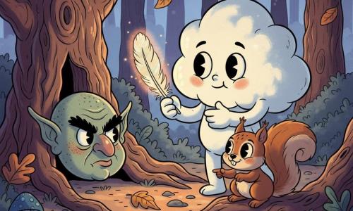 The main character is a small anthropomorphic fluffy cloud with round bright eyes, a timid smile and rosy cheeks, curious and slightly worried, delicately holding a sparkling feather in its vapor hands; a secondary character is a cute squirrel with silky brown fur and twinkling eyes, reassuring expression, standing on a root and nudging the way with its nose; another secondary is a grumpy forest goblin with textured green skin, thick brows and a hooked nose, sulky but softened, sitting against a massive tree trunk to the left; the setting is a twilight forest clearing with twisted trees, gnarled roots, blue glowing mushrooms, falling leaves and a low mist casting an orange-lilac glow; the scene shows the cloud at the clearing’s center, hesitant but determined with the magical feather, the squirrel encouraging at its feet and the goblin watching from the shadows, creating a mysterious, slightly scary but warm mood with strong contrasts of shadow and colored light.