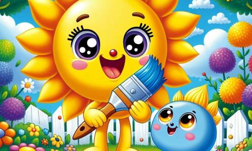 Un pequeño pincel alegre, llamado Pincelito, con un cuerpo amarillo brillante y una cabeza redonda sonriente, está pintando un gran sol brillante con rayos dorados. Tiene ojos chispeantes de emoción y pequeñas manos que sostienen un pincel. A su lado, un pincel azul llamado Blou, con una expresión curiosa, observa el trabajo de Pincelito. Blou tiene un cuerpo azul claro y ojos redondos, y sostiene un tarro de pintura. En el fondo, un jardín colorido lleno de flores brillantes de todos los colores, con árboles verdes y un cielo azul claro salpicado de nubes blancas esponjosas. La escena muestra a Pincelito y Blou creando juntos un magnífico mural soleado, rodeados de risas y alegría, en un ambiente veraniego luminoso y amistoso.