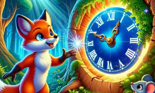 Un zorro curioso llamado Raxo, con un pelaje rojo brillante y ojos chispeantes de asombro, se encuentra frente a un viejo tronco de árbol hueco. Observa con fascinación un hermoso reloj brillante con manecillas girando en direcciones opuestas, con las orejas en alto y la cola temblando de emoción. Cerca, un pequeño ratón gris, con grandes ojos redondos y una expresión de sorpresa, observa a Raxo desde una rama baja, sosteniendo un trozo de queso en sus patas. El escenario es un bosque encantado, con árboles majestuosos de hojas verdes brillantes, flores coloridas esparcidas por el suelo y rayos de sol filtrándose a través del follaje, creando una atmósfera mágica. La situación principal muestra a Raxo, listo para presionar el botón azul del reloj, mientras destellos de luz brillan a su alrededor, simbolizando el viaje en el tiempo que está a punto de comenzar.