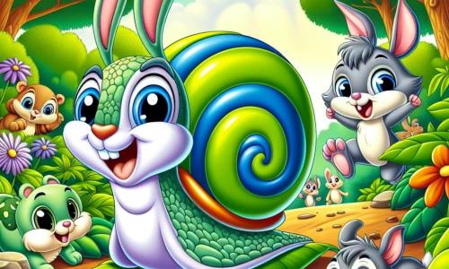 Um caracol chamado Sabugo, com uma concha colorida em espiral e olhos brilhantes de determinação, desliza rapidamente sobre uma folha verde brilhante, exibindo um grande sorriso no rosto. Ao seu lado, uma coelhinha de grandes orelhas, Lili, com olhos azuis brilhantes, o incentiva entusiasticamente, pulando alegremente no chão de terra marrom. Um pequeno rato chamado Pip, com pelagem cinza e bigodes tremulantes, observa com admiração, sentado em uma pedra, enquanto uma tartaruga chamada Tuca, com uma carapaça verde decorada, sorri ao fundo, pronta para apoiar seu amigo. A cena acontece em uma clareira ensolarada, cercada por árvores majestosas com folhas verdes vibrantes, onde flores coloridas dançam ao vento. Sabugo, determinado a participar da grande corrida da floresta, se prepara para ganhar impulso, enquanto seus amigos o incentivam, criando uma atmosfera de camaradagem e excitação.