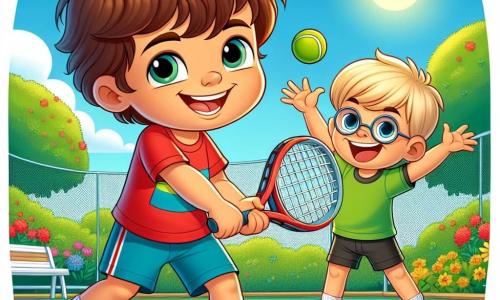 Een 6-jarig jongetje, Sam, met rommelig bruin haar en een grote glimlach, slaat enthousiast een tennisbal. Hij draagt een felrode t-shirt en een blauwe short, zijn ogen stralen van opwinding. Naast hem staat zijn beste vriend Max, ook 6 jaar oud, met blond haar en ronde bril, die hem aanmoedigt met opgestoken armen. Max draagt een groene t-shirt en een zwarte short en staat iets achter, klaar om de bal te vangen. De scène speelt zich af op een mooie buiten tennisbaan, omringd door groene bomen en kleurrijke bloemen. De zon schijnt in een heldere blauwe lucht, en er vliegen blije vogels boven hen. Sam slaat de bal met zijn racket terwijl Max hem aanmoedigt met een grote glimlach, wat een sfeer van kameraadschap en vreugde creëert.