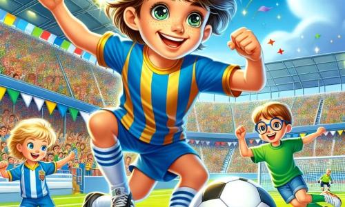 A man named Ryan is at the center of the image, smiling enthusiastically, wearing a blue and gold football jersey, with messy brown hair and sparkling eyes full of joy. He is dribbling a football on the field, his muscles tense and his expression determined. To his right, a boy named Max, around 10 years old with blonde hair and a green t-shirt, jumps for joy with his arms raised and a big smile, admiring his hero. To the left, a girl named Lily, also 10, with brown hair and glasses, is poised to shoot at the goal, focused and energetic. The setting is a vast football stadium, filled with colorful fans, waving flags, and a bright blue sky. The grass is a vibrant green, well-maintained, and the white lines mark the field precisely. The main scene shows Ryan in action, dribbling the ball with ease, while Max and Lily cheer him on, creating an atmosphere of camaraderie and passion for football.