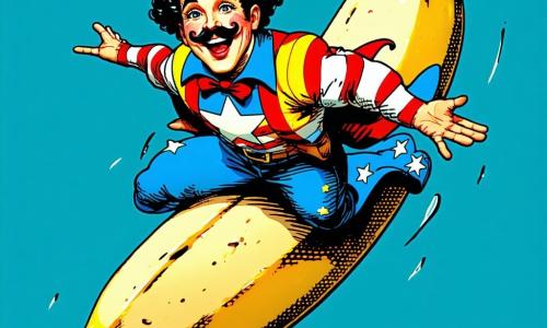 The main character, Captain Gigglepants, is a cheerful man with curly hair and a colorful mustache. He wears a flamboyant costume in bright colors, adorned with stars and stripes, and has a big smile that lights up his face. He is slipping on an invisible banana peel, arms outstretched, ready to fall with a comical look of surprise. Next to him, Ticklish Tim, an 8-year-old boy with messy hair and a striped t-shirt, is making hilarious faces. He stands on one leg, arms raised, with mischievous eyes as he tries to make the children around them laugh. The scene takes place in a sunny park filled with vibrant green trees, colorful flowers, and the laughter of children. In the background, there is a large playground with swings and a slide, where other kids are having fun. The main situation shows Captain Gigglepants comically falling to the ground, while Ticklish Tim makes faces beside him, causing bursts of laughter from the surrounding children.