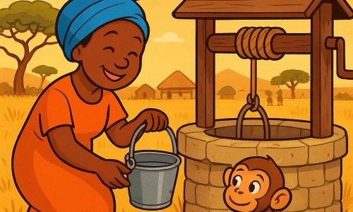 Uma mulher adulta chamada Amina, sorridente e doce, usa um grande tecido azul na cabeça, pele escura, rosto redondo e olhos risonhos; ela carrega um cesto de vime na cabeça e inclina-se sobre um poço de madeira abaixando um balde. Um pequeno macaco curioso, pelagem castanha e olhos travessos, está em pé perto de um balde tombado, segurando uma calabacinha brilhante e olhando para Amina, pronto para brincar. Sem outros humanos próximos — ao longe silhuetas desfocadas de casas de adobe e vizinhos minúsculos. O poço é circular, de pedra rugosa e madeira antiga, com corda e balde de metal; gotas de água cintilam. A savana ao redor está seca com ervas altas douradas, alguns acácias retorcidos e um céu laranja de fim de tarde. Atmosfera calma e alegre, cores quentes e contrastantes, traços arredondados e formas simples, estilo banda desenhada claro e legível para crianças pequenas.