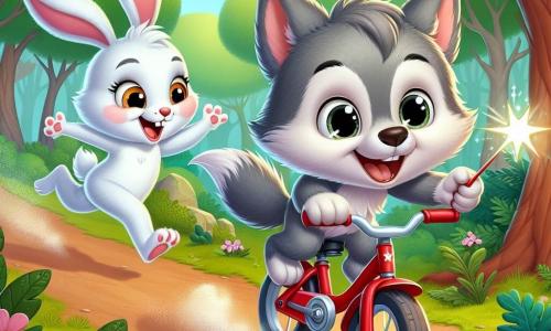 Lupuț, un lup mic cu ochi strălucitori și blană moale și gri, se află pe bicicleta lui roșie, zâmbind cu entuziasm în timp ce pedalează cu viteză prin pădure. Pare vesel și hotărât, cu urechile ridicate și coada mișcându-se de bucurie. Lângă el, Fifi, un iepure alb adorabil cu urechi mari și un zâmbet jucăuș, sare de bucurie, ținând o baghetă magică strălucitoare. Se află pe o alee însorită, înconjurați de copaci verzi cu frunze strălucitoare și flori colorate care dansează în vânt. Lupuț și Fifi sunt în plină alergare, râzând și încurajându-se reciproc, pregătiți pentru o aventură palpitantă împreună în natură.