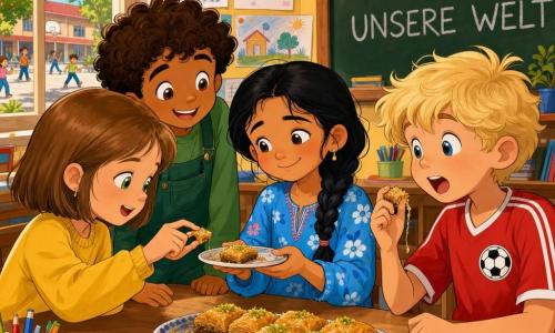 Vier Kinder, 7 Jahre: Aylin (türkisches Mädchen, olivfarbene Haut, schwarze geflochtene Haare, hellblaues Blumenkleid) sitzt in der Mitte und reicht schüchtern einen glänzenden goldenen Baklava; Mila (weißes Mädchen, kastanienblondes Bob, grüne Augen, gelber Pullover, Jeans) sitzt links und nimmt neugierig ein kleines Stück; Ben (weißer Junge, blonde zerzauste Haare, blasser Teint, rotes Fußballtrikot) sitzt rechts, mit offenem Mund und klebrigem Baklava an den Fingern; Leo (mischhäutiger Junge, karamellfarbene Haut, lockige braune Haare, grüne Latzhose) sitzt etwas zurück neben Mila und blickt lachend zu. Ort: warme, bunte Klassenzimmeratmosphäre mit hellen Holztischen, Kinderzeichnungen, Papiergirlande, großem Fenster zur Pausenhofansicht und einer Schultafel mit der Aufschrift WIR UND UNSERE WELT. Situation: Die Kinder teilen ein kleines Buffet, kosten das süße, klebrige Baklava mit Überraschung und Freude; Stimmung freundlich, respektvoll und inklusiv, Krümel und Sirren sichtbar.