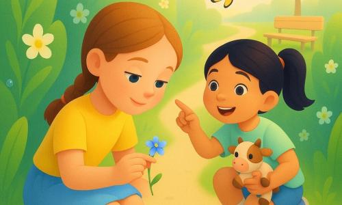Twee meisjes van ongeveer 8 jaar: links een lichtbruin gevlochten meisje met een geel T‑shirt en blauwe rok, gehurkt en een klein blauw bloemetje tussen twee vingers bekijkend; rechts iets achter haar een donkerharig meisje in paardenstaart met een pastelgroen T‑shirt en gebloemde sokken, glimlachend, een knuffelkalfje vasthoudend en naar een geel‑zwart vlindertje wijzend. Ze lopen een lentepad met hoge, golvende groene hagen met kleine witte en gele bloemetjes, een beige grindpad met graspollen en stenen; op de achtergrond een licht houten bank onder een jonge boom en een smalle rivier. Zachte ochtendlicht, lange schaduwen, pasteltinten, een lieveheersbeestje op een blad, dauwdruppels op bloembladen, rustige, nieuwsgierige sfeer gericht op de meisjes en de kleine wonderen om hen heen.
