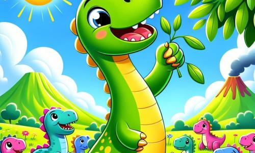 Un diplodocus felice di nome Dino, con un lungo collo e una pelle verde maculata di giallo, si trova al centro dell'immagine, mentre mangia deliziose foglie verdi da un albero. I suoi grandi occhi brillano di felicità e un ampio sorriso illumina il suo viso. Accanto a lui, un gruppo di piccoli dinosauri colorati, come uno stegosauro rosa e un triceratopo blu, lo osserva con meraviglia, gli occhi spalancati e le bocche aperte in segno di ammirazione. Sono seduti sull'erba verde, circondati da fiori colorati. Lo sfondo è un paesaggio preistorico vibrante, con un vulcano che erutta dolcemente fumo, montagne verdeggianti e un cielo blu brillante punteggiato di nuvole bianche e soffici. La scena principale mostra Dino mentre condivide felicemente le sue foglie con i suoi nuovi amici dinosauri, creando un'atmosfera di festa e di compagnia sotto il sole splendente.