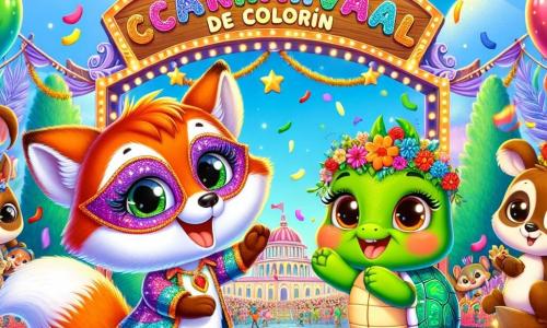 Un pequeño zorro llamado Rufi, con un pelaje naranja brillante y ojos chispeantes de alegría, baila alegremente en el centro de una escena de carnaval, llevando una máscara colorida y un disfraz brillante. A su lado, Tula, una tortuga con un caparazón verde adornado con flores, sonríe con asombro, aplaudiendo al ritmo de la música. Rápido, un pequeño conejo de grandes orejas blancas, salta con entusiasmo, sus ojos brillando de felicidad, mientras que Salta, una ardilla de pelo marrón, trepa a una rama para ver mejor el espectáculo. El decorado es un hermoso parque lleno de globos coloridos, guirnaldas brillantes y flores vibrantes, bajo un cielo azul salpicado de nubes blancas. Al fondo, un gran letrero de madera anuncia "Carnaval de Colorín" con estrellas y confeti. La escena principal muestra a Rufi y sus amigos bailando juntos, rodeados de otros animales alegres, creando una atmósfera festiva y mágica.