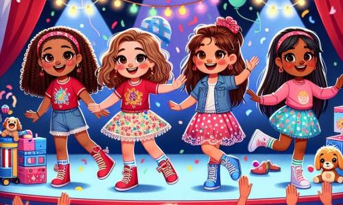 Cuatro chicas alegres, Valeria (10 años, cabello castaño y rizado, vestida con una camiseta roja y un short de mezclilla), Sofía (9 años, cabello rubio y lacio, con un vestido de flores), Clara (11 años, cabello castaño y ondulado, con una camiseta azul y una falda de lunares) y Ana (10 años, cabello negro recogido en una coleta, con un sudadera rosa), están juntas en el escenario, rodeadas de luces de colores y confeti. El fondo es un circo mágico, con una gran carpa a rayas rojas y blancas, globos flotantes y estrellas brillantes en el cielo nocturno. Los espectadores, maravillados, aplauden con entusiasmo. Las chicas, con accesorios cómicos como un pez de plástico, zapatos gigantes, un peluche de perro y un peluche colorido, realizan movimientos divertidos y piruetas, creando una atmósfera de alegría y risas, mientras el payaso Chiquitín, con su nariz roja y su traje colorido, las anima con una gran sonrisa.